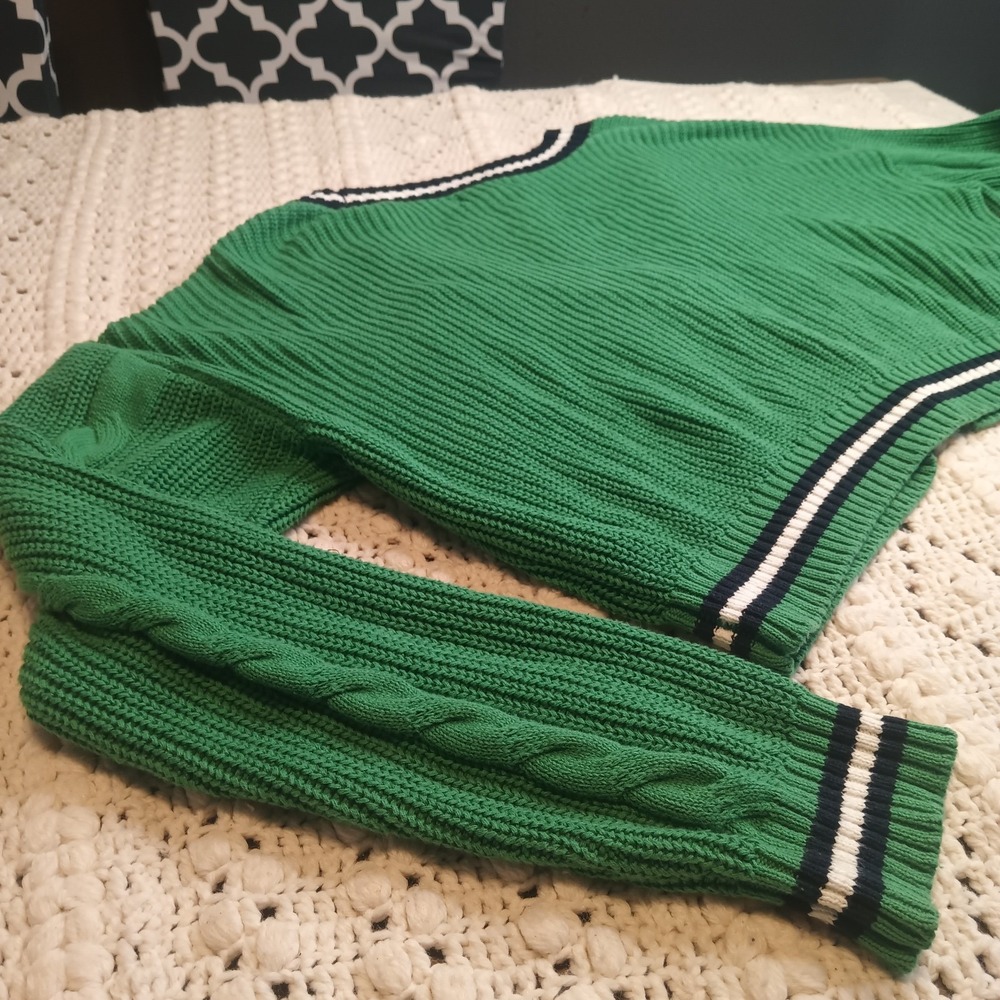 Forever 21 Green Cable Knit 1X Sweater Stripe Academia Varsity‎ Cardigan Prep - Picture 12 of 12